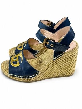 Gucci Navy and Gold Espadrille Wedges